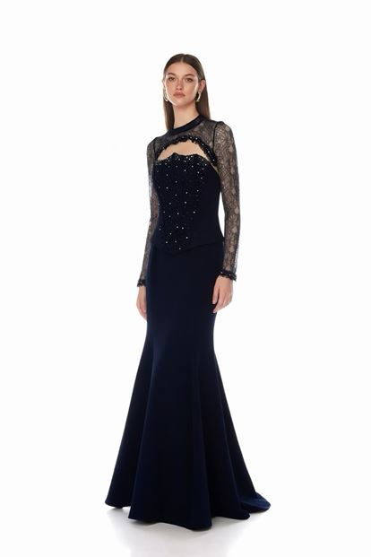 Lacivert Korse Detaylı Dantel Görünümlü Abiye Elbise